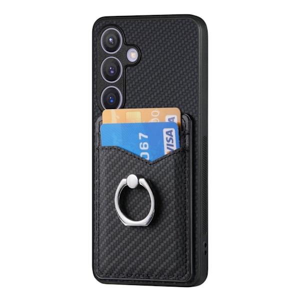Samsung Galaxy S25 Plus -kotelo Korttitasku + Rengas Hiilikuitu Tekstuuri