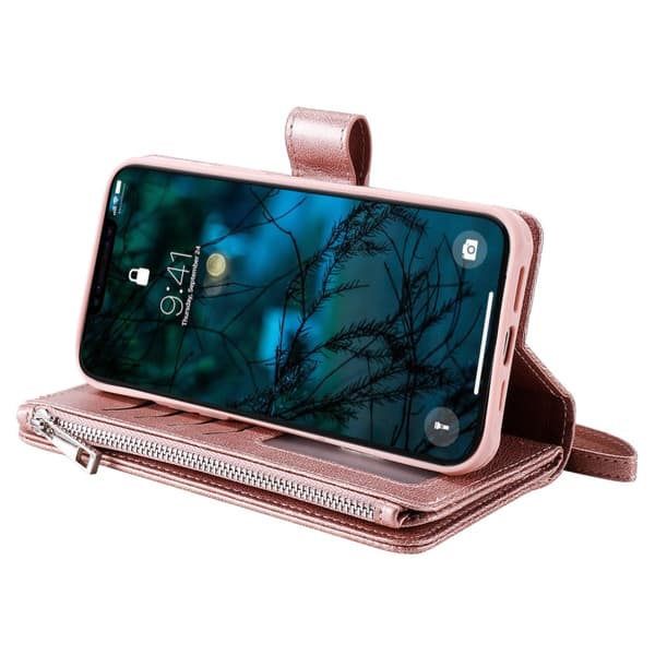 Magnetisk pung med lynlås i læder til iPhone 12 Pro Max Rose Guld