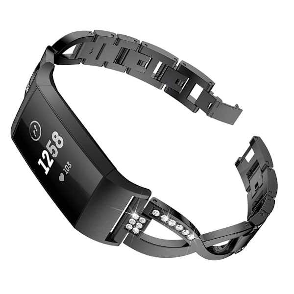 Fitbit Charge 3/4 musta rannekoru, jossa strassit