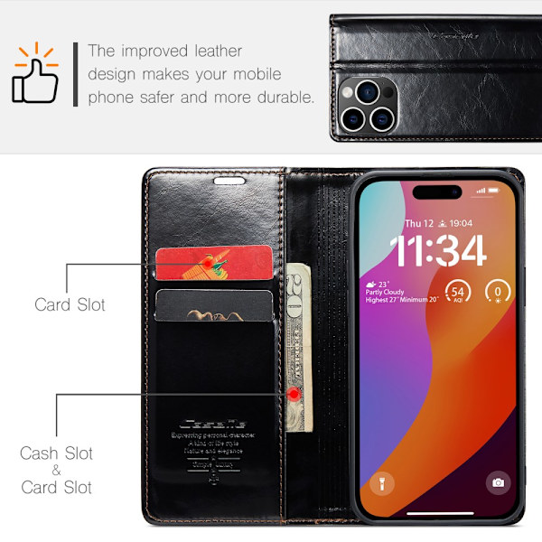 CaseMe Læderetui iPhone 16 Pro Sort