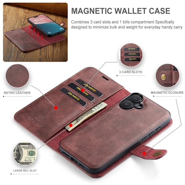 DG.MING 2-in-1 Magnet Wallet iPhone 16 Plus Red