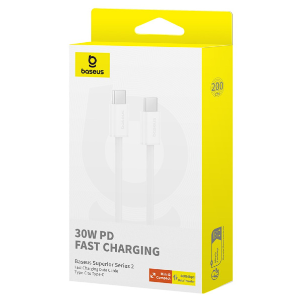 Baseus Superior 30W Lång USB-kabel USB-C - USB-C 2m Vit