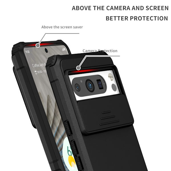 Kickstand-kuori Google Pixel 8 Prolle, kamerasuojalla, musta