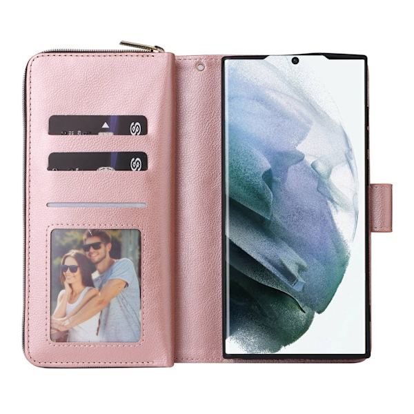 Magnetisk pung med lynlås i roséguld læder til Samsung Galaxy S23 Ultra