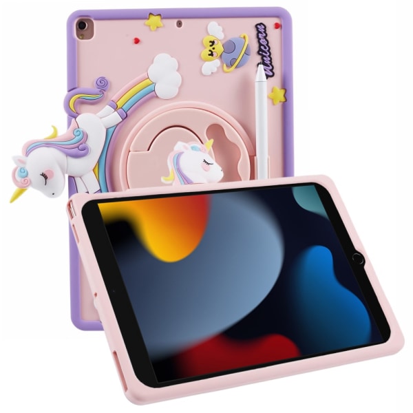 Kotelo iPad 10.2 8th Gen (2020) Unicorn, jossa on jalusta vaaleanpunainen