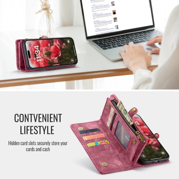 CaseMe Multi-Slot 2 i 1 Plånboksfodral iPhone 16 Punainen