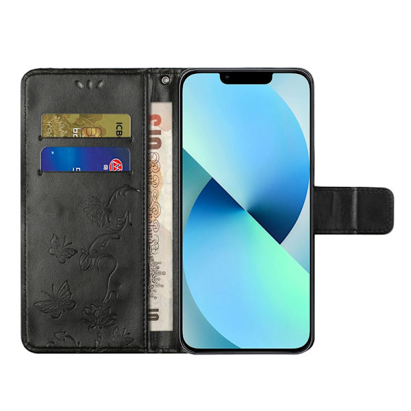 Perhoskuvioinen nahkakotelo iPhone 15 musta