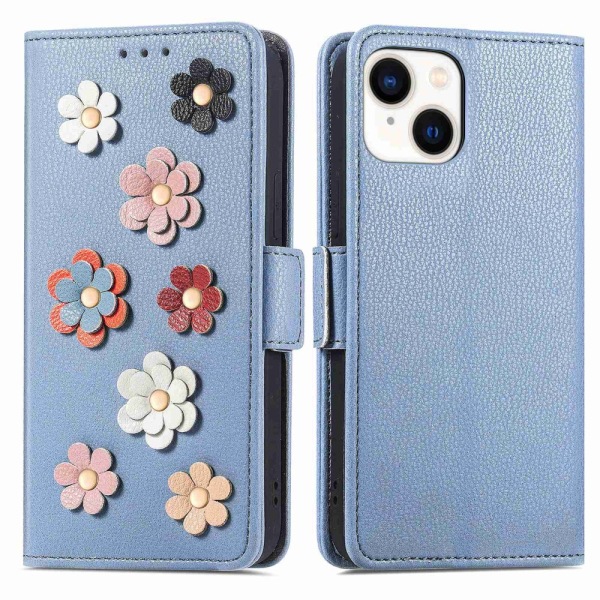 iPhone 14 Plånboksfodral Blommor Blå