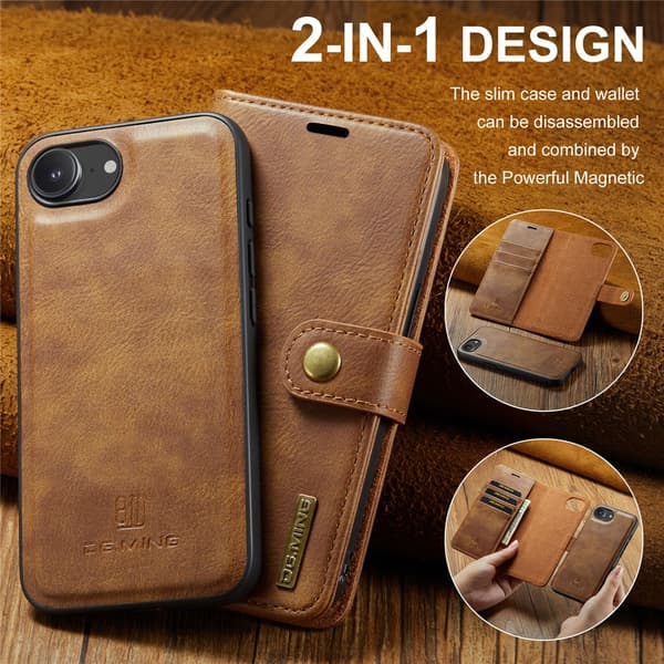 DG.MING 2-i-1 Magnet Wallet iPhone 16e Cognac
