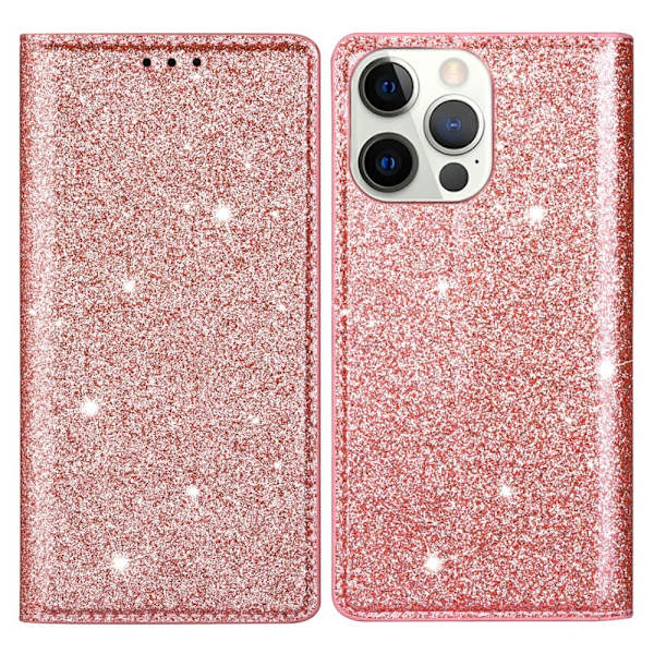 Kimalteleva lompakkokotelo iPhone 13 Prolle, ruusukulta