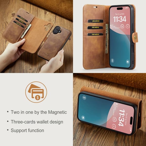 DG.MING 2-i-1 Magnetiskt Plånboksfodral iPhone 16 Plus Cognac