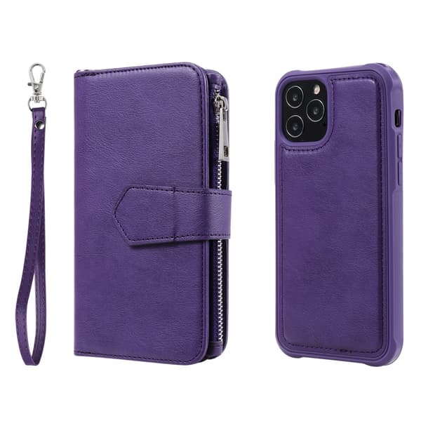 Magnetisk pung med lynlås i læder til iPhone 12/12 Pro Lilla