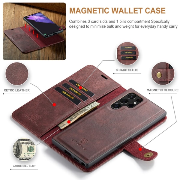 DG.MING 2-in-1 Magnet Wallet Samsung Galaxy S22 Ultra Red