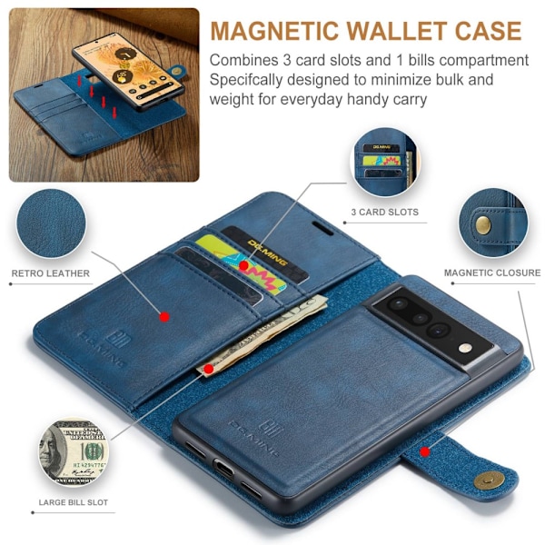DG.MING 2-in-1 Magnet Wallet Google Pixel 7 Pro Blue