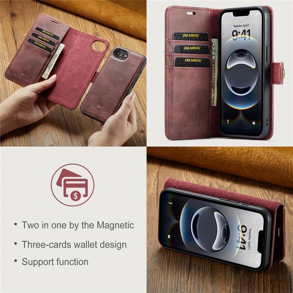 DG.MING 2-i-1 Magnet Wallet iPhone 16e Rød