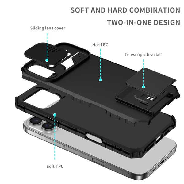 Kickstand Cover iPhone 16 Plus Kamerabeskyttelse Sort
