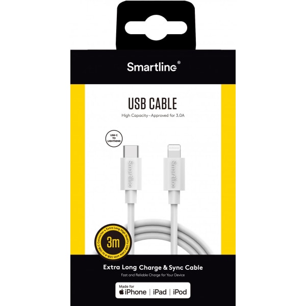 Smartline Lightning -kaapeli USB-C 3A 3m valkoinen