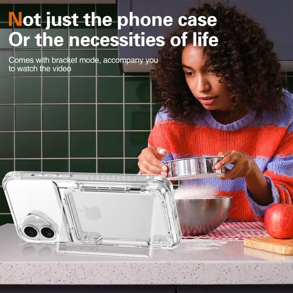 Skal med kortlomme og kickstand til iPhone 16 Plus Transparent
