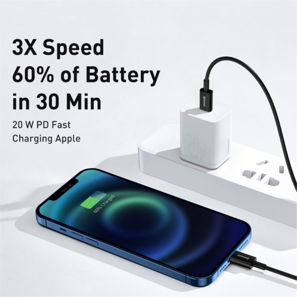 Baseus Hurtigopladningskabel USB C til Lightning 20W 2m Sort