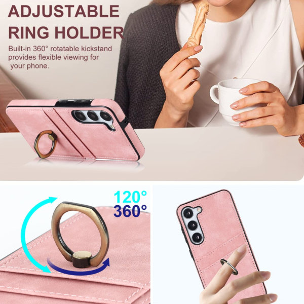 Samsung Galaxy S24 -kuori korttipaikalla ja rengaspidikkeellä, vaaleanpunainen