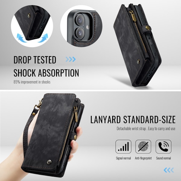 CaseMe Multi-Slot 2 i 1 Pungetui iPhone 16 Sort