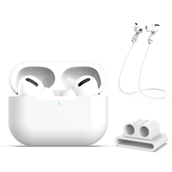Silikonikotelo kuulokkeiden hihnalla ja pidikkeellä AirPods Pro Valkoinen