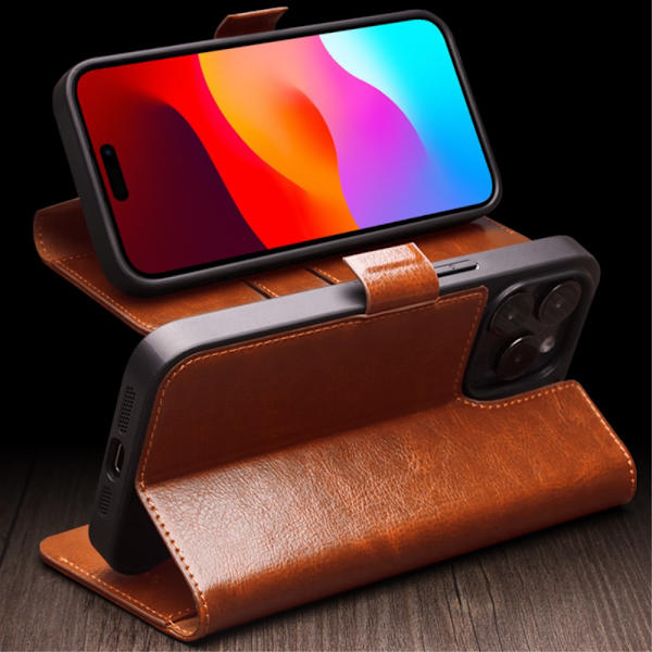 Qialino Nahkainen Lompakkokotelo iPhone 15 Pro Max Cognac