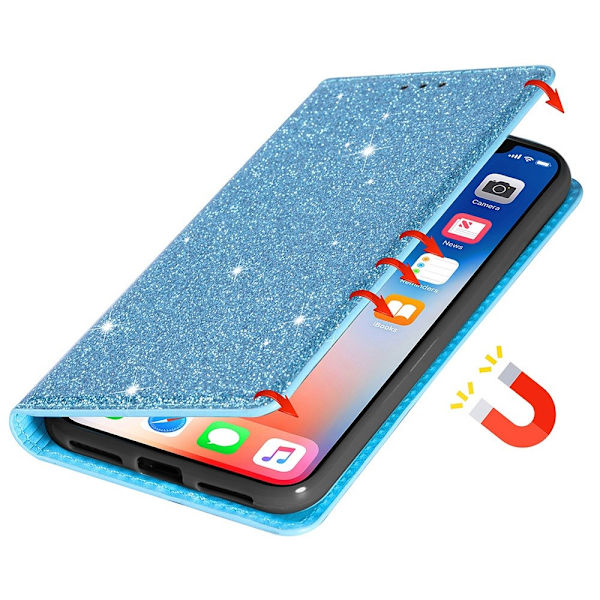 Kimalteleva lompakkokotelo iPhone 14 Plus - Sininen