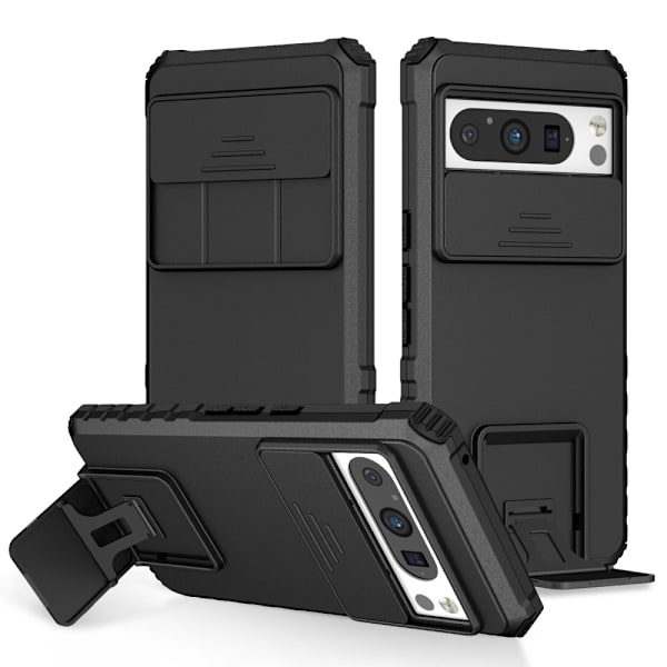 Kickstand-kuori Google Pixel 8 Prolle, kamerasuojalla, musta