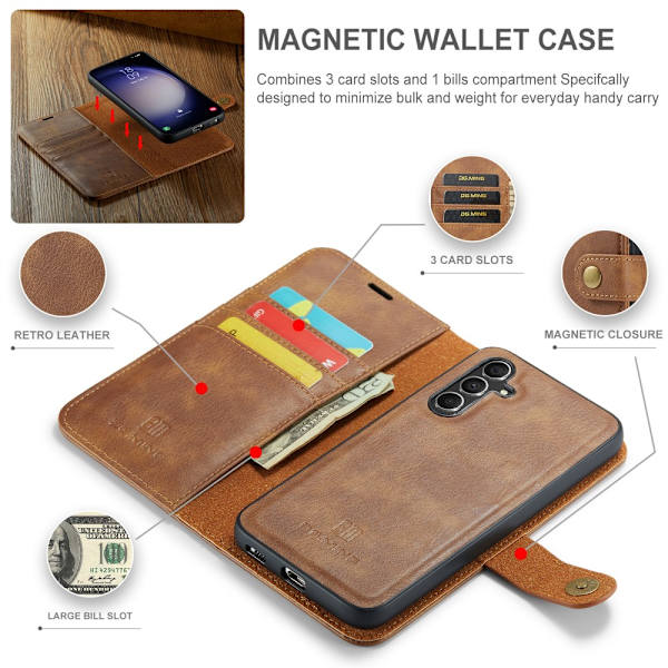 DG.MING 2-in-1 Magnet Wallet Samsung Galaxy S23 FE Cognac