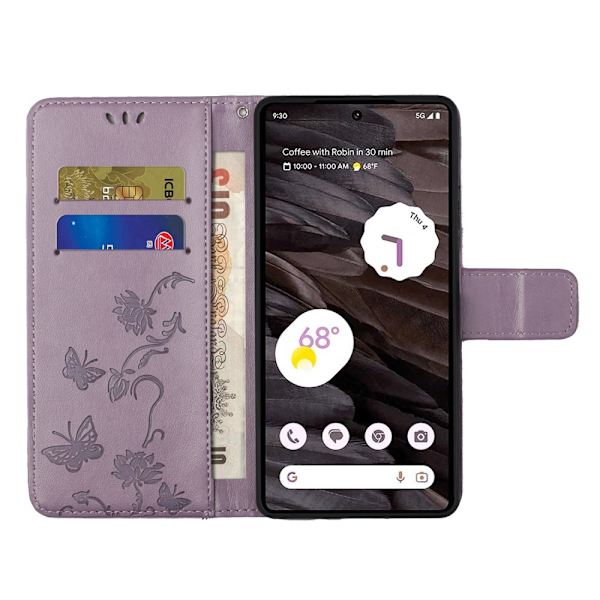 Perhoskuvioitu nahkakotelo Google Pixel 8a -liila