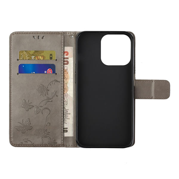 Läderfodral Fjärilar iPhone 13 Pro Max Grå