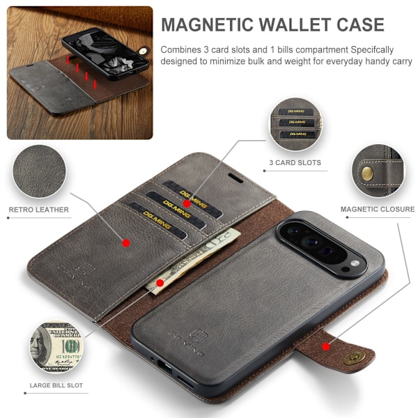 DG.MING 2-in-1 Magneettilompakko Google Pixel 9 Pro XL Ruskea