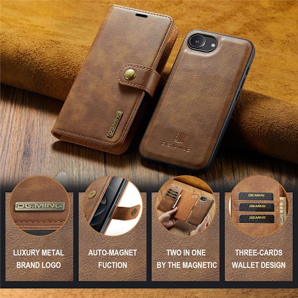 DG.MING 2-i-1 Magnet Wallet iPhone 16e Cognac