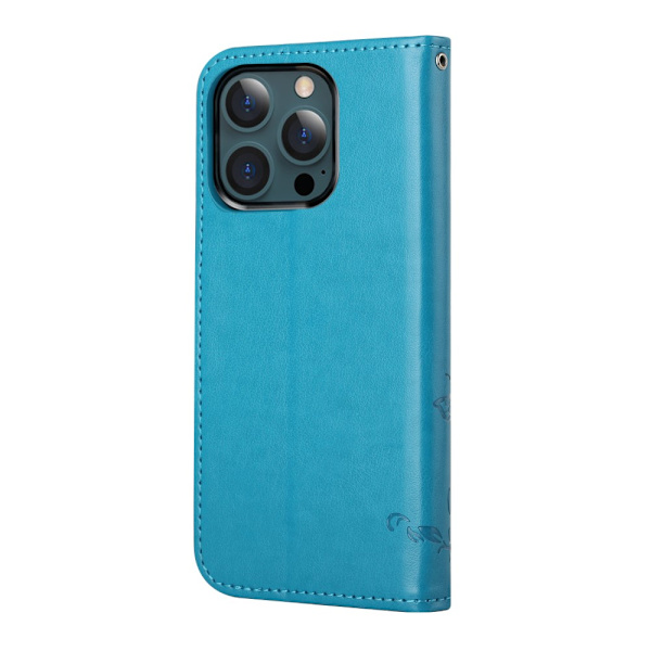 Perhoskuvioitu nahkakotelo iPhone 13 Pro Max - sininen