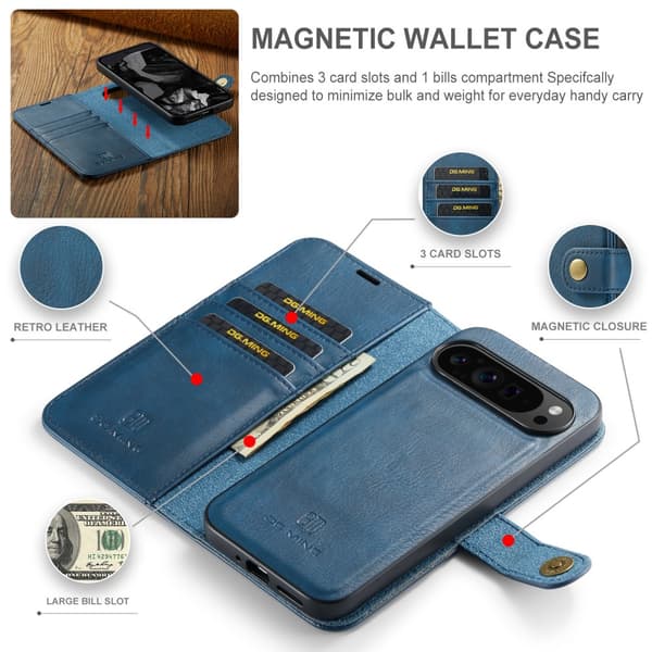 DG.MING 2-in-1 Magneettilompakko Google Pixel 9 Pro XL Sininen