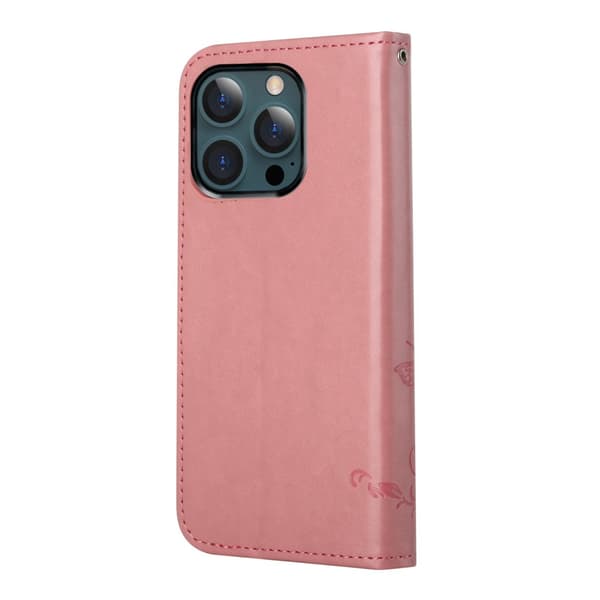 Läderfodral Fjärilar iPhone 13 Pro Max Rosa