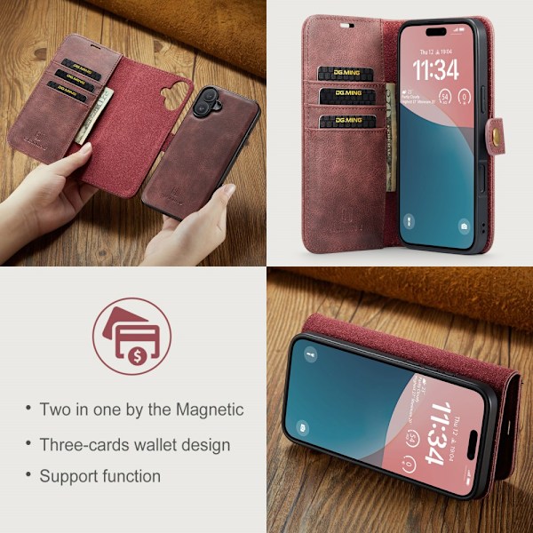 DG.MING 2-in-1 Magnet Wallet iPhone 16 Red