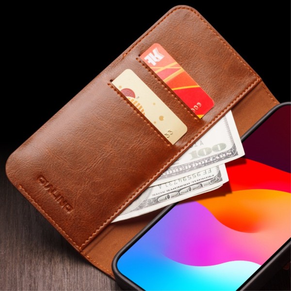 Qialino Leather Wallet Case iPhone 15 Pro Max Cognac