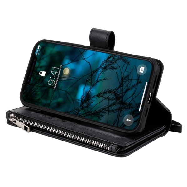 Magnetisk pung med lynlås i læder til iPhone 12 Pro Max Sort
