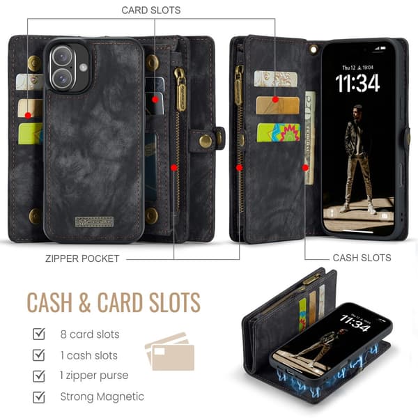 CaseMe Multi-Slot 2 i 1 Plånboksfodral iPhone 16 Musta