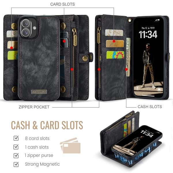 CaseMe Multi-Slot 2 i 1 Pungetui iPhone 16 Sort