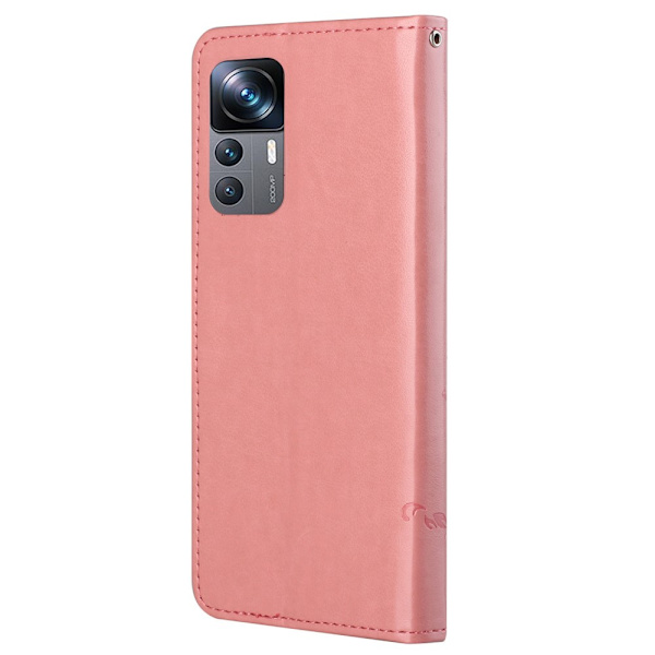 Perhoskuvioinen nahkakotelo Xiaomi 12T:lle, vaaleanpunainen