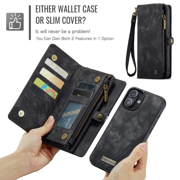 CaseMe Multi-Slot 2 i 1 Plånboksfodral iPhone 16 Musta