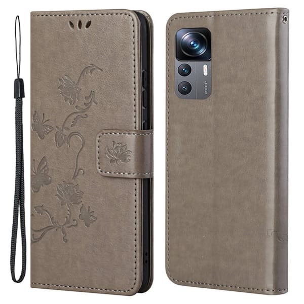 Perhoskuvioinen nahkakotelo Xiaomi 12T:lle, harmaa
