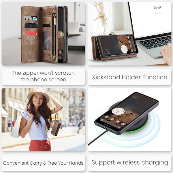 CaseMe Multi-Slot 2-in-1 Lompakko Kotelo Google Pixel 9 Pro XL Ruskea