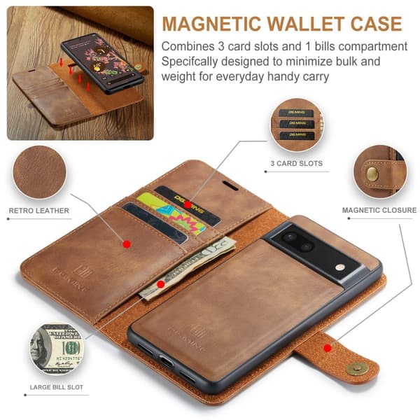 DG.MING 2-i-1 Magnetiskt Plånboksfodral Google Pixel 7 Cognac