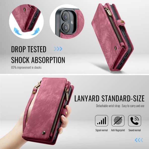 CaseMe Multi-Slot 2 i 1 Plånboksfodral iPhone 16 Punainen