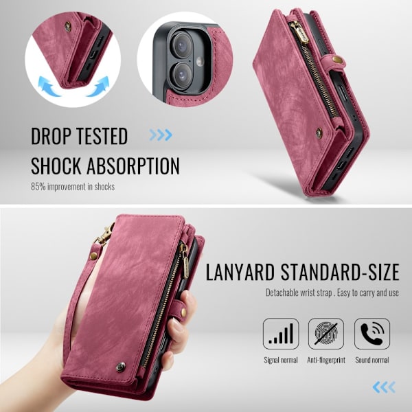 CaseMe Multi-Slot 2 i 1 Plånboksfodral iPhone 16 Röd