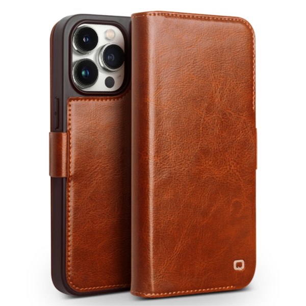 Qialino Leather Wallet Case iPhone 15 Pro Cognac